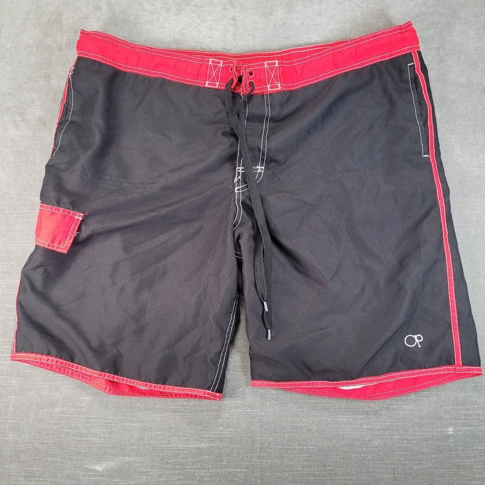 OP Ocean Pacific Y2K Mens Board Shorts Size XL 40-42 Black Red Swim Trunks Cargo